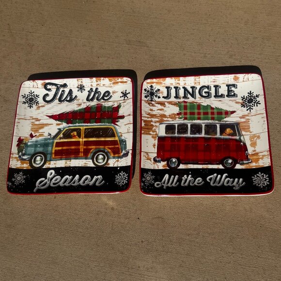 2 Geoffrey Allen 2014 Sleigh Bell 8.5" Square Plates by Certified Internat READ - Picture 1 of 12